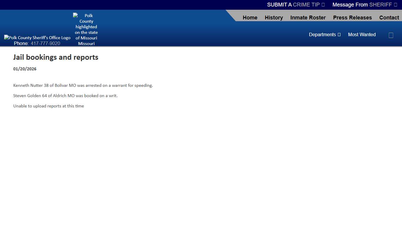 Jail bookings and reports (01/20/2026) - Press Releases - Polk County Sheriff MO