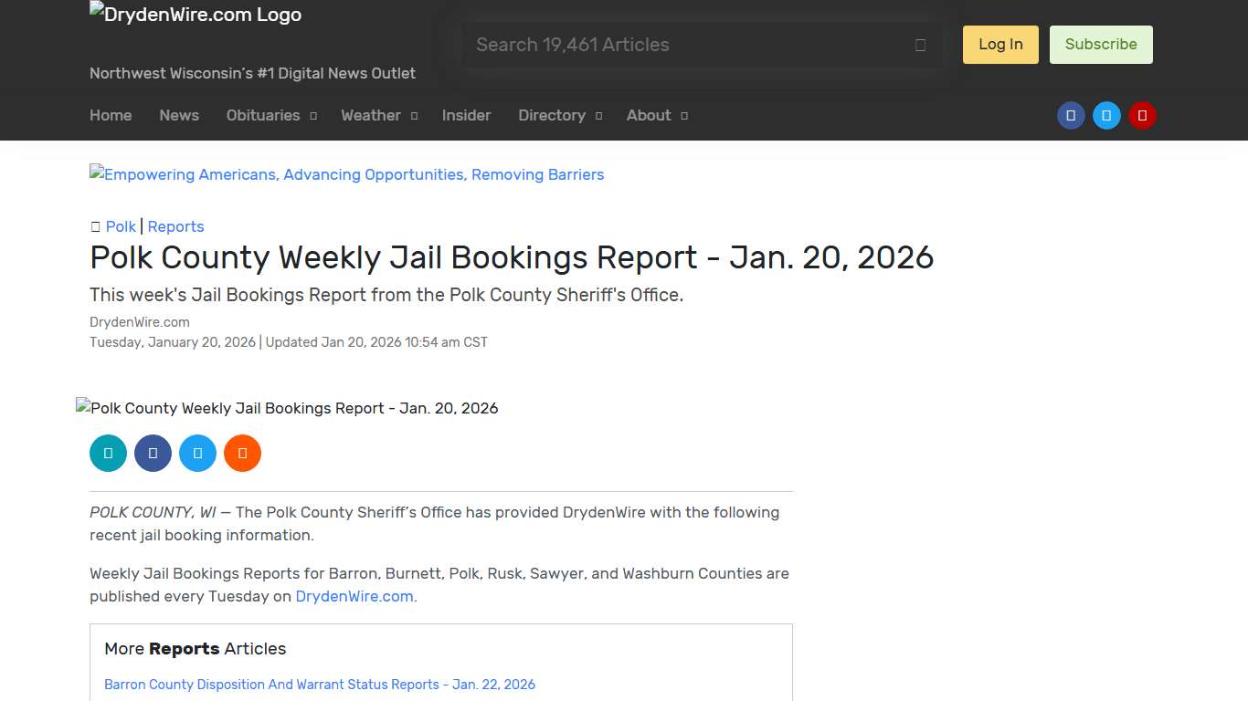 Polk County Weekly Jail Bookings Report - Jan. 20, 2026 Recent News DrydenWire.com